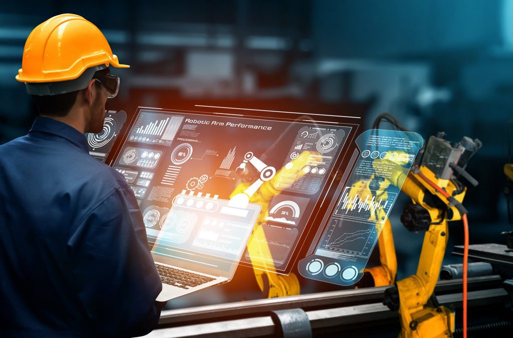 산업용 로봇 설비가 있는 공장 내부